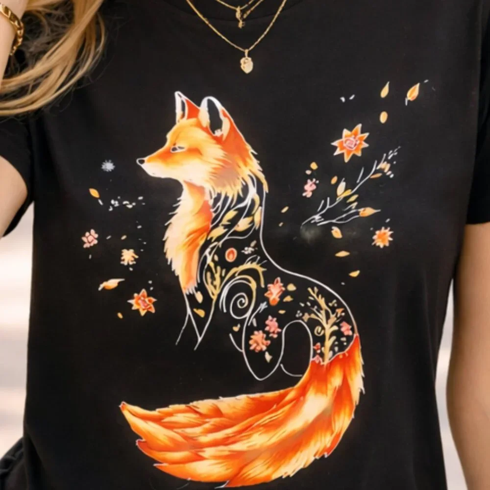 Floral Fox Graphic Tee – Artistic Cotton T-Shirt Black – Size [S/M/L/XL] NEW - Picture 5 of 11